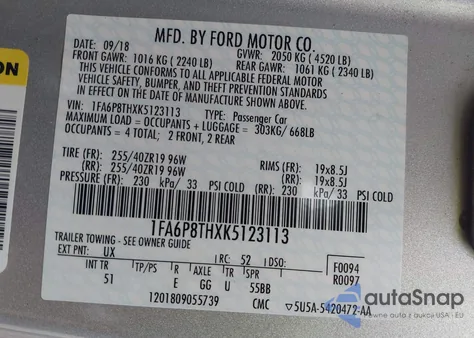 2019 Ford Mustang Ecoboost Premium z USA, uszkodzony, nr VIN 1FA6P8THXK5123113